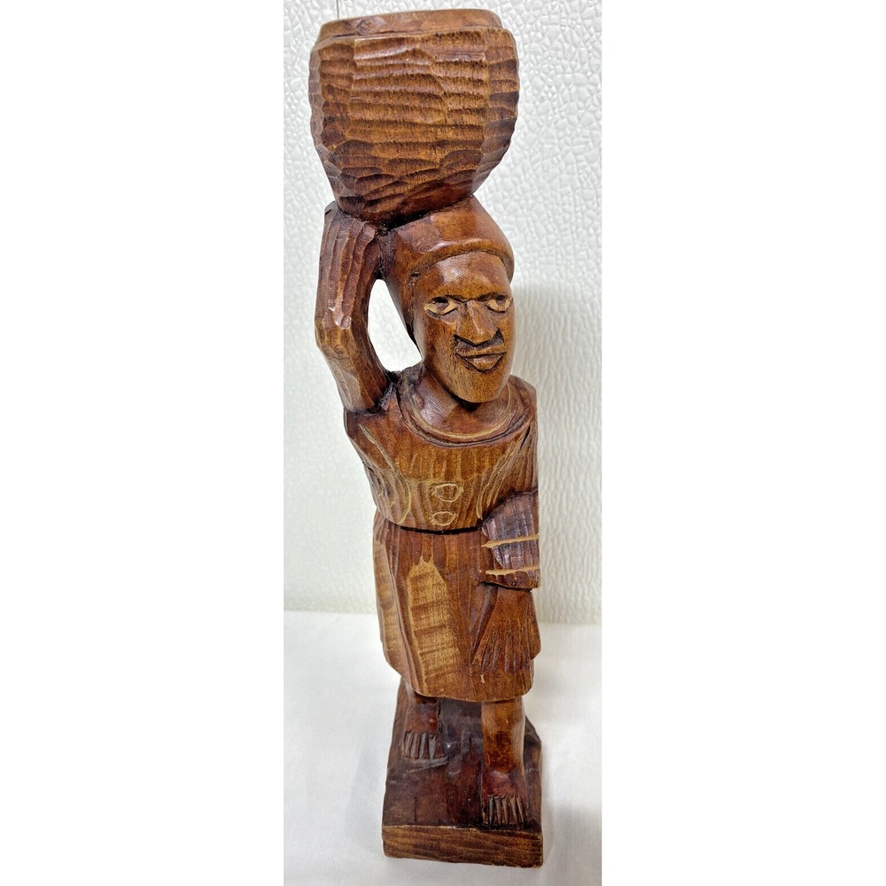 Vintage Hand Carved Wood Santo Domingo Woman with Basket Figurine 10.5" Tall